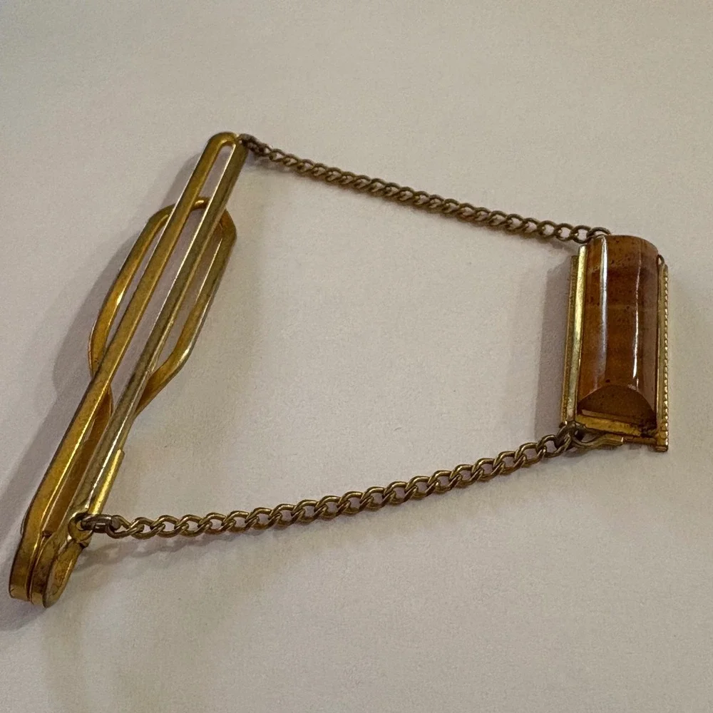 Anson Tie Clip Bar Vintage Gold Tone with Amber Stone Elegant Mens Jewelry 1960s